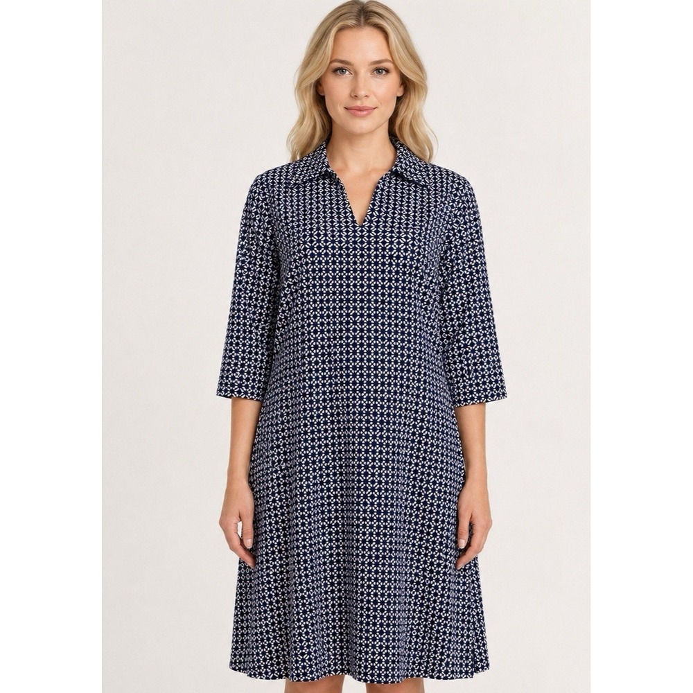 J. McLaughlin Signature Navy & White Geometric Cotton Stretch Shirt Dress Medium